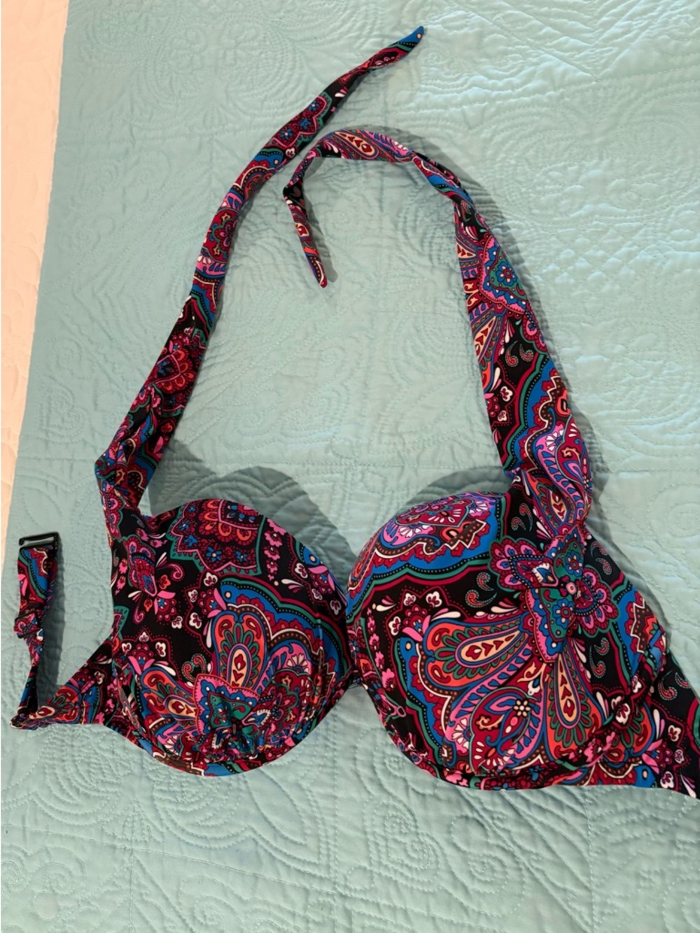 VENUS Black Paisley Underwire Halter Bikini Top with Pink & Blue Accents size DD